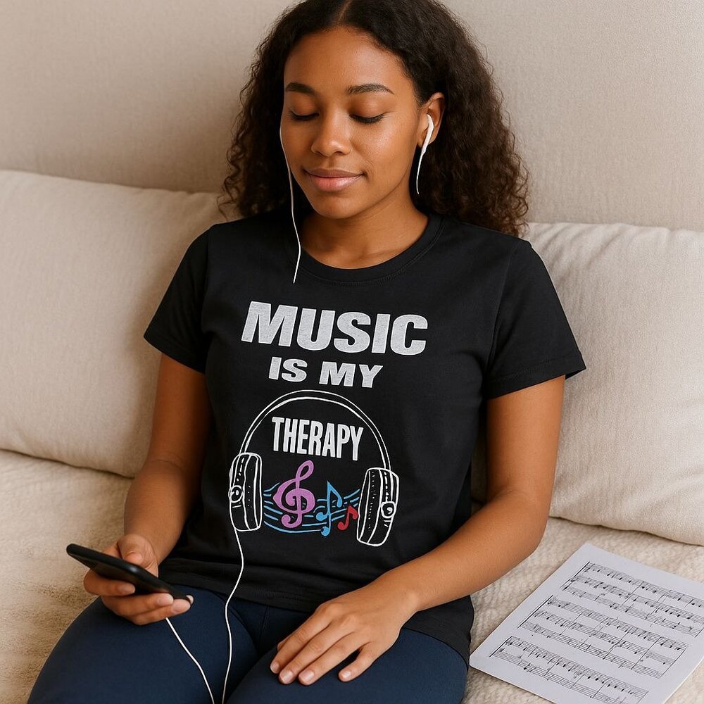 Music Is My Therapy T Shirt Size M Black Graphic Tee Headphones Treble Clef Note